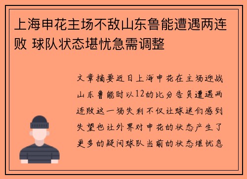 上海申花主场不敌山东鲁能遭遇两连败 球队状态堪忧急需调整