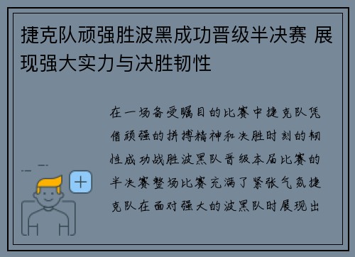 捷克队顽强胜波黑成功晋级半决赛 展现强大实力与决胜韧性